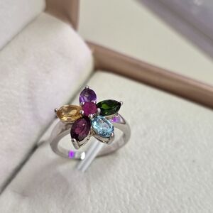 Multi-Gem Flower Ring - Silver Band - Multi-Color